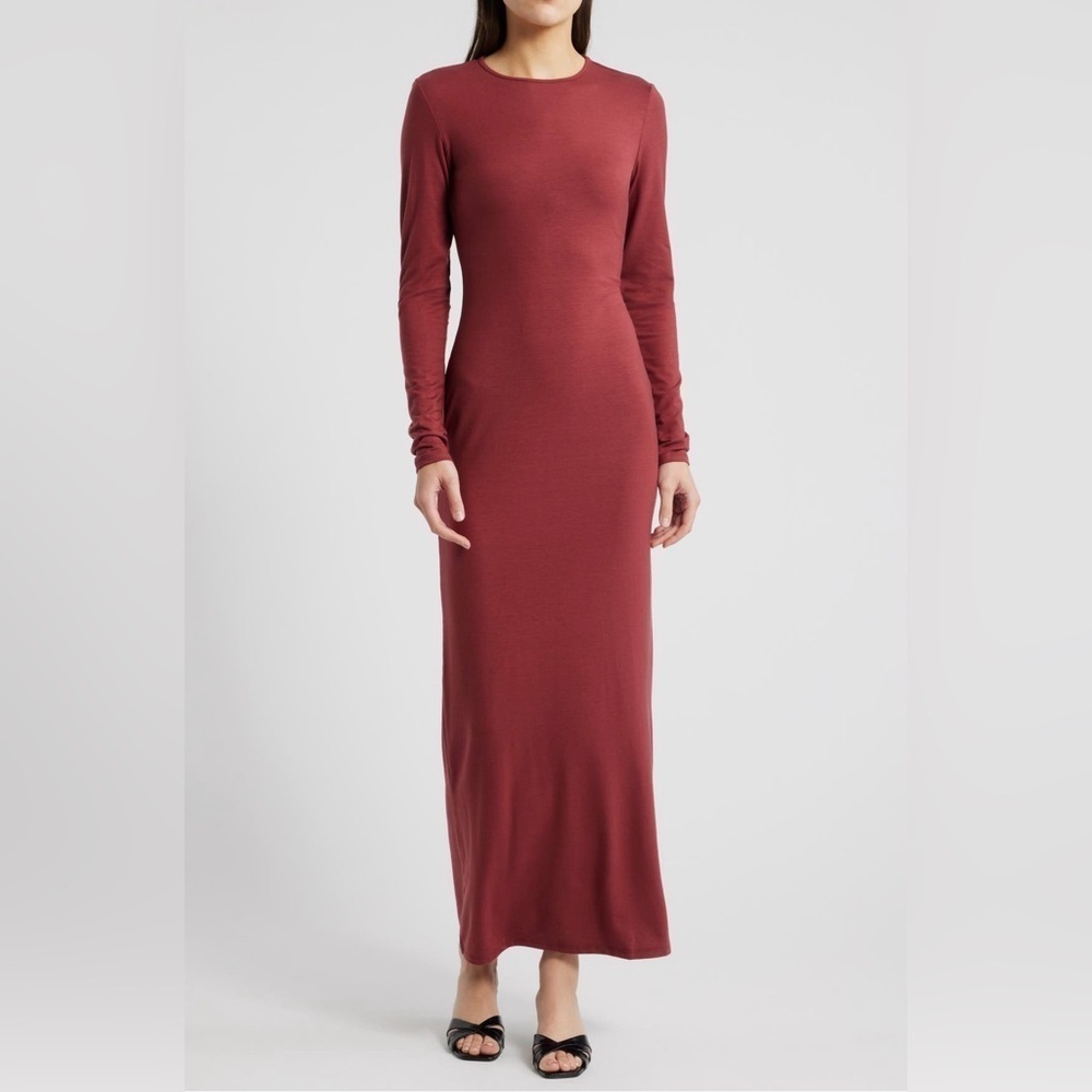 Reformation Tommie stretch maxi dress long sleeve rust Chianti knit shift new XL
